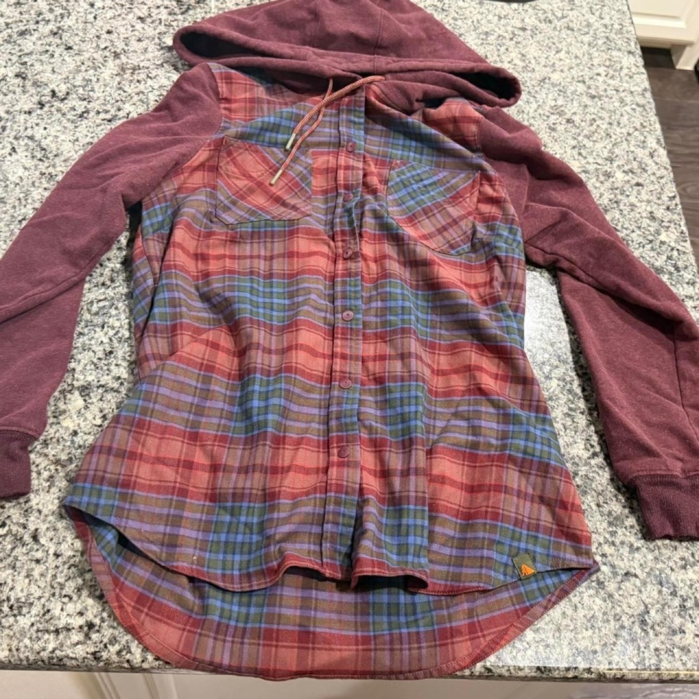 LL Bean Womens Plaid Flannel Hoodie Red Blue Green S Burgundy Mixed Media Top